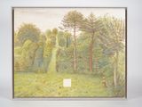 tableau encadré représentant une scène boisée avec des arbres et de l'herbe