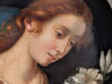 painting of a woman holding a bouquet of flowers in her left hand