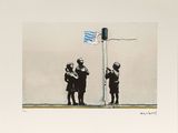 a painting of two people standing next to a flag pole