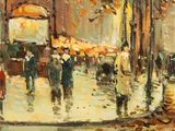 a painting of people walking down the street in the rain