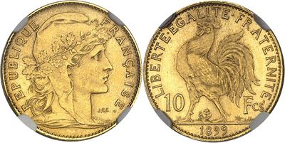 a gold coin with a woman ' s head and a rooster on it