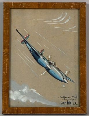 painting of a blue airplane flying through the sky with clouds in the background