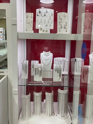 a glass display case with jewelry on it in a store