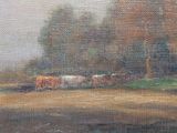 painting of a herd of cattle grazing in a field next to a river