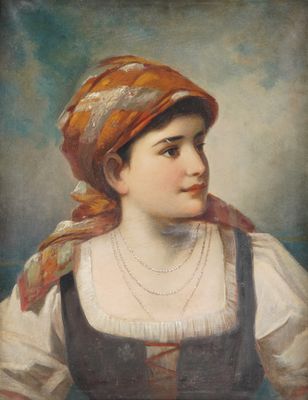 Julius KAHRER (XIX) Jeune fille au foulard, huile sur toile,…