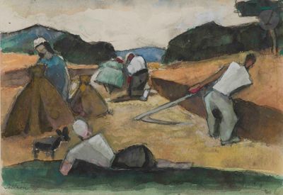 a painting of a group of people working in a field