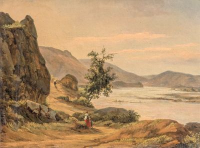 an image of a painting of a mountain landscape with a river in the foreground