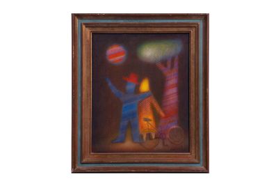 tableau représentant un homme et un chien jouant avec une balle
