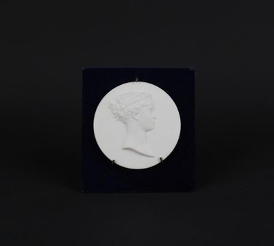 a white medallion with a woman ' s head in profile on a black surface