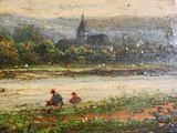 an oil painting of two people in a field by a river