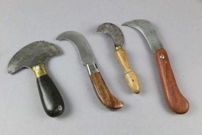 four different types of knives are lined up on a white surface