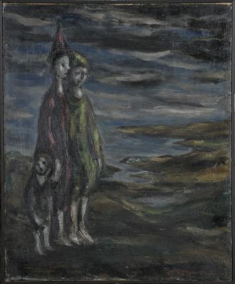 an oil painting of two people and a dog on a beach