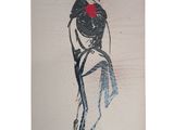 painting of a woman in a black dress with a red bow