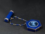 une image représentant un collier bleu orné d'une photo de femme