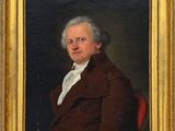 un vieux tableau représentant un homme vêtu d'un manteau marron et d'une chemise blanche