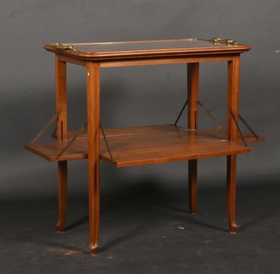 an image of a wooden table with a glass top and two shelves