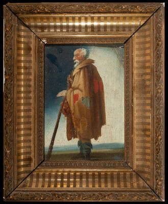 un vieux tableau représentant un homme vêtu d'un manteau marron et tenant une canne