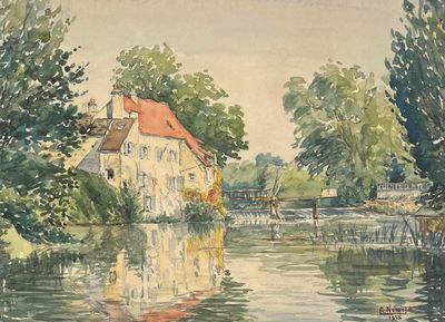 une aquarelle représentant une maison au bord de l'eau