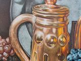 a painting of a still life with grapes, apples, and a teapot