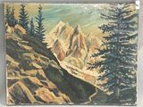 une peinture à l'huile représentant un paysage de montagne avec des pins au premier plan
