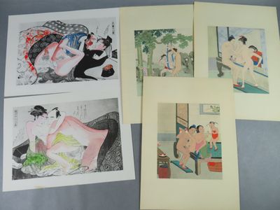 four framed prints of women in traditional japanese art on a blue background