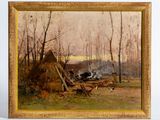 an image of a painting of a small hut in the woods