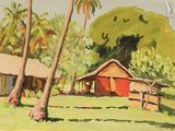 une peinture d'une maison au milieu d'un champ