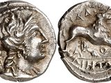 a silver coin with a woman on it and a horse on it