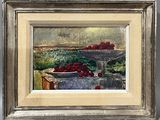 an oil painting of a bowl of cherries on a table with a bowl of cherries in the background