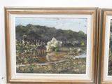 two paintings of a garden with a pond and trees in the background