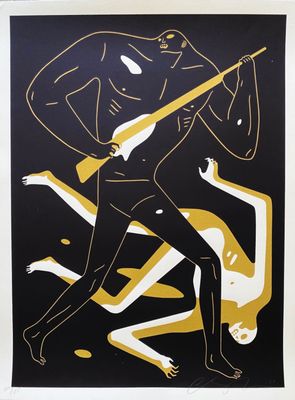 une illustration en noir et or représentant un homme tenant une guitare