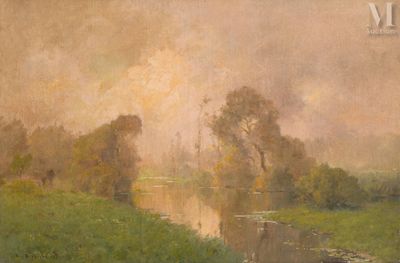 an image of a painting of a river with trees in the background