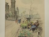 painting of a woman sitting on a bench in front of a church
