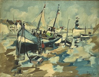 un tableau représentant un bateau sur l'eau près d'un phare
