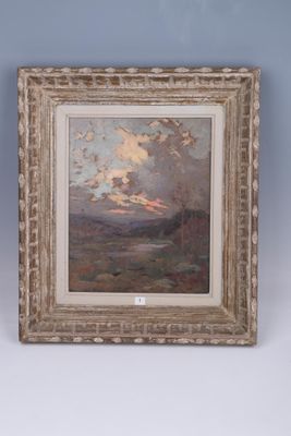 une peinture à l'huile représentant un paysage avec un coucher de soleil au loin