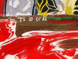 a painting of a woman sitting on a couch in a room