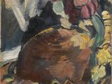 une peinture à l'huile représentant une assiette de nourriture posée sur une table