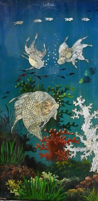 painting of a fish tank with a variety of fish in it