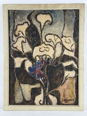 a painting of flowers in a vase on a table