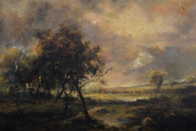 painting of a landscape with trees and a river in the foreground