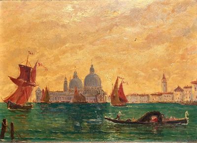 tableau représentant une vue de Venise avec une gondole au premier plan et des bateaux au premier plan
