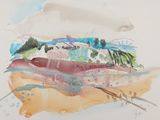 une aquarelle représentant un paysage avec des montagnes en arrière-plan