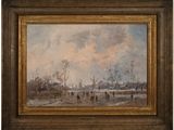 an oil painting of a winter scene with people on a frozen lake