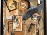 une peinture abstraite représentant une table sur laquelle sont posées des assiettes et des tasses