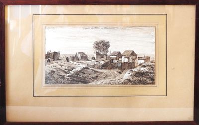 framed picture of a village scene with a horse drawn by a man