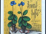 une image représentant un tableau montrant deux fleurs bleues dans un pot