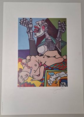 tableau représentant une femme avec un bébé et un chat posés sur une table