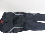 the pants are black and grey with red logos on them