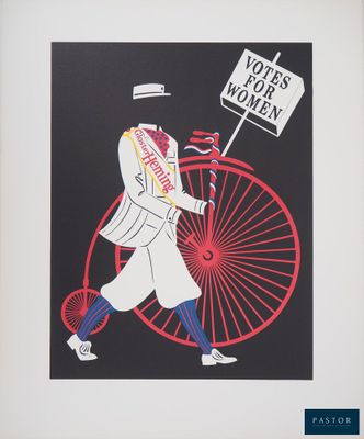 an image of a poster of a man riding a bicycle with a sign on it