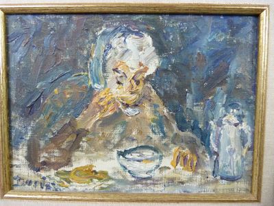 une peinture à l'huile représentant une femme assise à une table, avec une assiette de nourriture devant elle